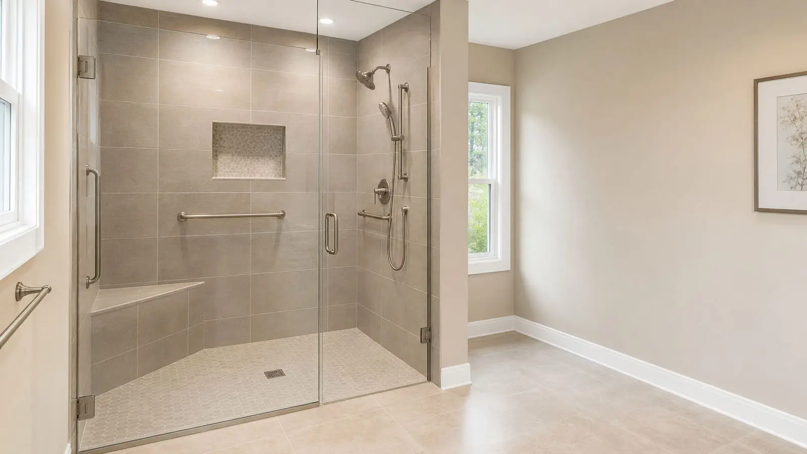 Accessible walk-in shower with bench and grab bars by Atlas
